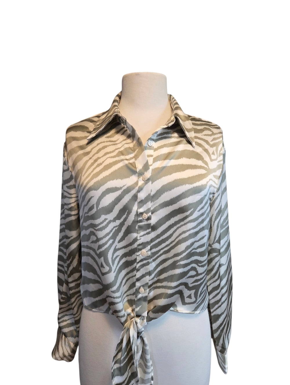 Rachel Zoe Olive Green And Cream Zebra Print Button-Down Shirt Medium